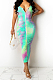 Neon Green Digital Print Zipper Deep V Fashion Sexy Long Dress SZS8135-1