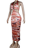 Multicolor Club Multicolor Halter Neck Backless V Collar Split Long Dress KA7180-4
