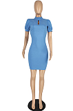 Light Blue High Elastic Copy Jean High Neck Puff Sleeve Dress YYZ861