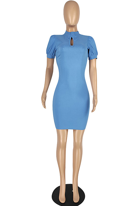 Light Blue High Elastic Copy Jean High Neck Puff Sleeve Dress YYZ861