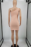Sky Blue Women Sexy Pure Color Mid Waist Hip One Shoulder Mini Dress YM207-5