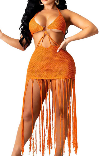 Black Knitting Halter Neck Strapless Tassel Beach Dress TRS1166-2