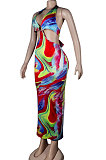 Orange Club Multicolor Halter Neck Backless V Collar Split Long Dress KA7180-3