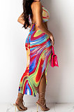 Orange Club Multicolor Halter Neck Backless V Collar Split Long Dress KA7180-3