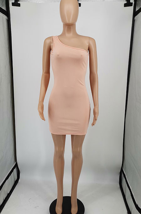 Sky Blue Women Sexy Pure Color Mid Waist Hip One Shoulder Mini Dress YM207-5