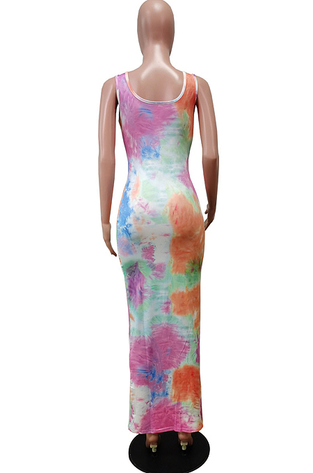 Grey Print U Neck Slim Fitting Tank Long Dress WY6824-3