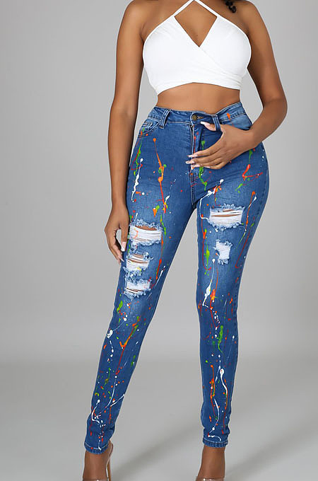 Dark Blue Fashion Colorful Hole Jean Pencil Pants QZ5318-2