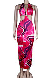 Brown Club Multicolor Halter Neck Backless V Collar Split Long Dress KA7180-2
