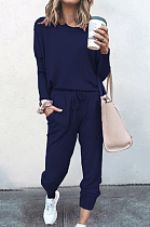 Navy Blue Pure Color Long Sleeve T Shirt Long Pants Casual Sports Sets X9320-6