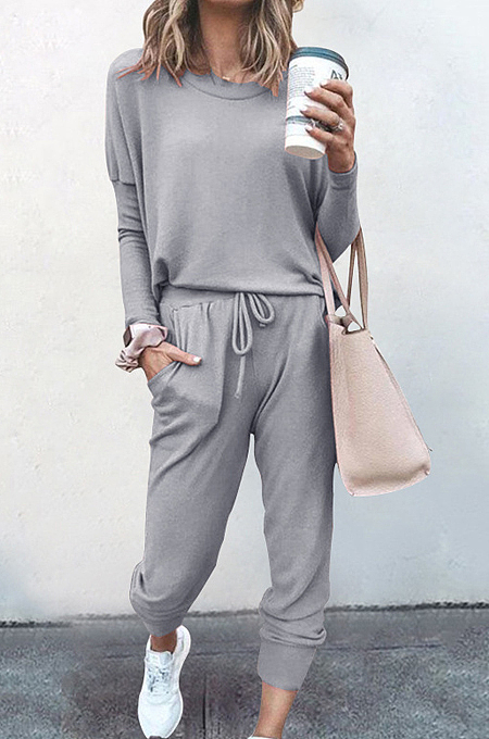 Grey Pure Color Long Sleeve T Shirt Long Pants Casual Sports Sets X9320-4