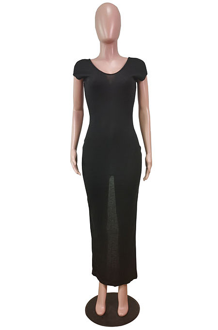Grey Pure Color Fashion V Neck Backless Slit Zipper Bodycon Dress WY6825-2