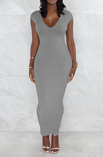 Grey Pure Color Fashion V Neck Backless Slit Zipper Bodycon Dress WY6825-2