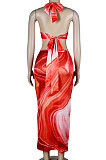 Red Club Multicolor Halter Neck Backless V Collar Split Long Dress KA7180-1