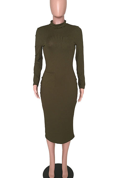 Dark Green Women Pure Color With Pocket High Elastic Ribber Casual Midi Dress ARM8142
