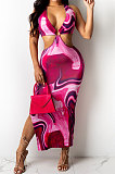 Multicolor Club Multicolor Halter Neck Backless V Collar Split Long Dress KA7180-4