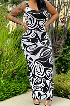 Black White Print U Neck Slim Fitting Tank Long Dress WY6824-5