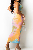 Neon Green Digital Print Zipper Deep V Fashion Sexy Long Dress SZS8135-1