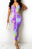 Orange Yellow Digital Print Zipper Deep V Fashion Sexy Long Dress SZS8135-3