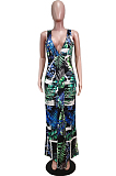 Blue Red Flower Deep V Neck Sleeveless Print Chest Spliced Long Dress WY6822-1