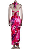 Orange Club Multicolor Halter Neck Backless V Collar Split Long Dress KA7180-3