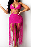 Orange Knitting Halter Neck Strapless Tassel Beach Dress TRS1166-3