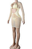 Apricot Women Sexy Bodycon Hot Drilling Long Sleeve Skirts Sets Three Pieces K2108-2