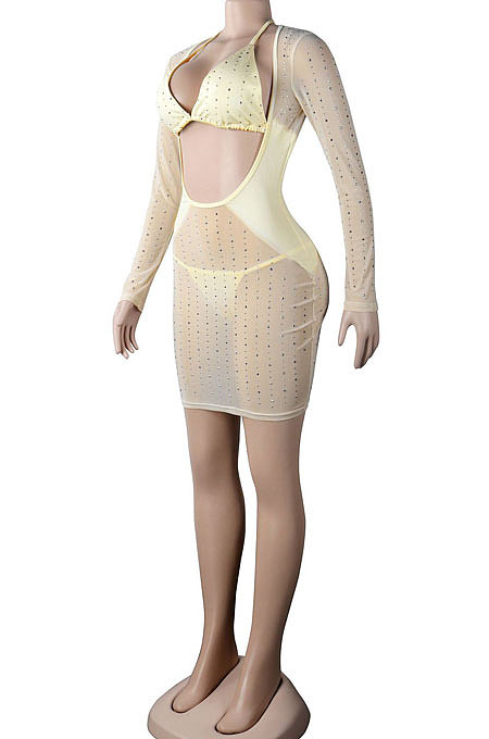 Apricot Women Sexy Bodycon Hot Drilling Long Sleeve Skirts Sets Three Pieces K2108-2