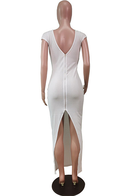White Pure Color Fashion V Neck Backless Slit Zipper Bodycon Dress WY6825-1