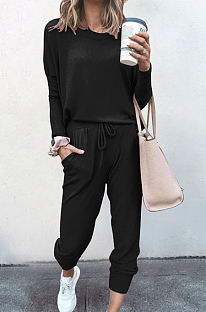 Black Pure Color Long Sleeve T Shirt Long Pants Casual Sports Sets X9320-5