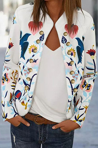 White Trendy Long Sleeve Printing Blouse Coat K8953