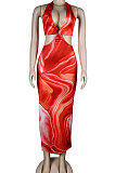 Orange Club Multicolor Halter Neck Backless V Collar Split Long Dress KA7180-3