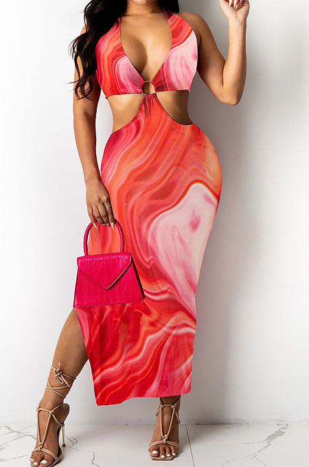 Multicolor Club Multicolor Halter Neck Backless V Collar Split Long Dress KA7180-4