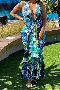Blue Green Leaf  Deep V Neck Sleeveless Print Chest Spliced Long Dress WY6822-2