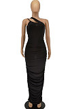 Black Women Side Shirred Detail One Shoulder Pure Color Long Dress AA5254-1