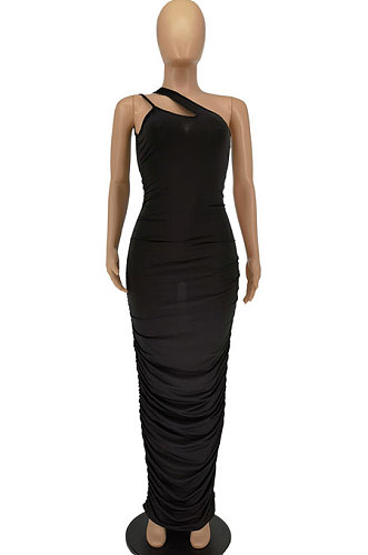 Black Women Side Shirred Detail One Shoulder Pure Color Long Dress AA5254-1