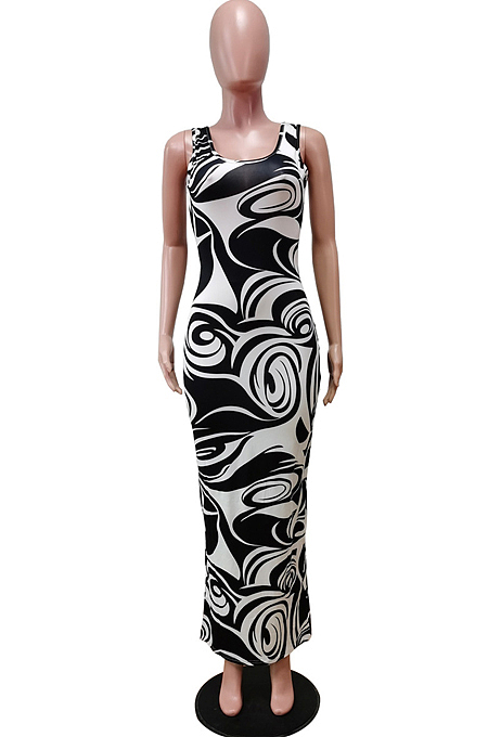 Grey Print U Neck Slim Fitting Tank Long Dress WY6824-3