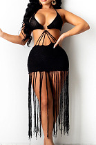 Black Knitting Halter Neck Strapless Tassel Beach Dress TRS1166-2