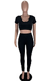 Black Ribber U Neck Pure Color Short Sleeve Long Pants Two Piece TZ1310-1