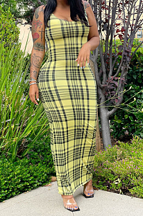 Yellow Print U Neck Slim Fitting Tank Long Dress WY6824-4