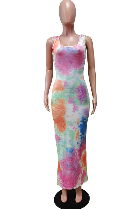 Colorful Graffiti Print U Neck Slim Fitting Tank Long Dress WY6824-1