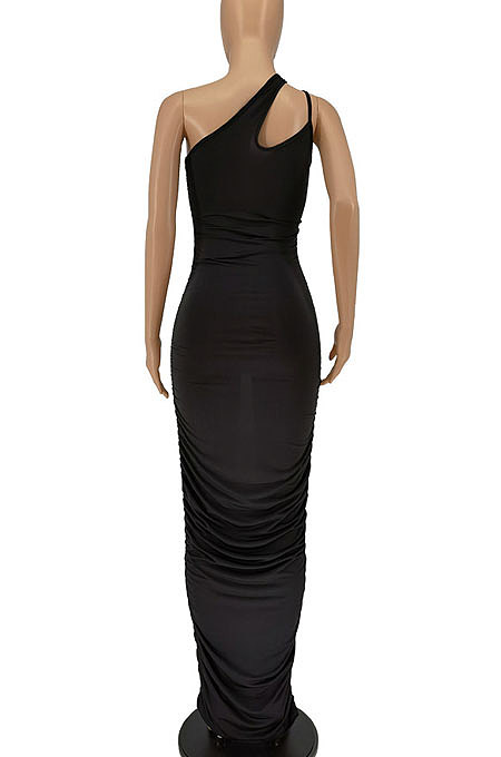 Blue Women Side Shirred Detail One Shoulder Pure Color Long Dress AA5254-5