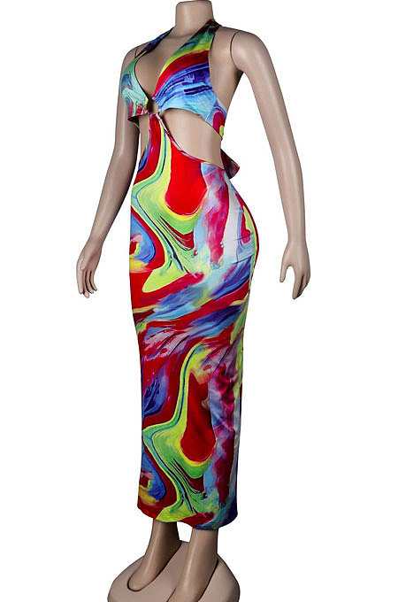Brown Club Multicolor Halter Neck Backless V Collar Split Long Dress KA7180-2