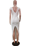 Black Pure Color Fashion V Neck Backless Slit Zipper Bodycon Dress WY6825-3