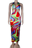 Brown Club Multicolor Halter Neck Backless V Collar Split Long Dress KA7180-2