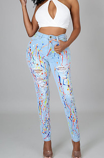 Light Blue Fashion Colorful Hole Jean Pencil Pants QZ5318-1