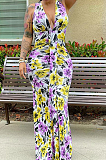 White Green Flower Deep V Neck Sleeveless Print Chest Spliced Long Dress WY6822-4