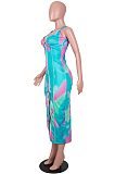 Orange Yellow Digital Print Zipper Deep V Fashion Sexy Long Dress SZS8135-3