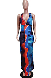 White Green Flower Deep V Neck Sleeveless Print Chest Spliced Long Dress WY6822-4