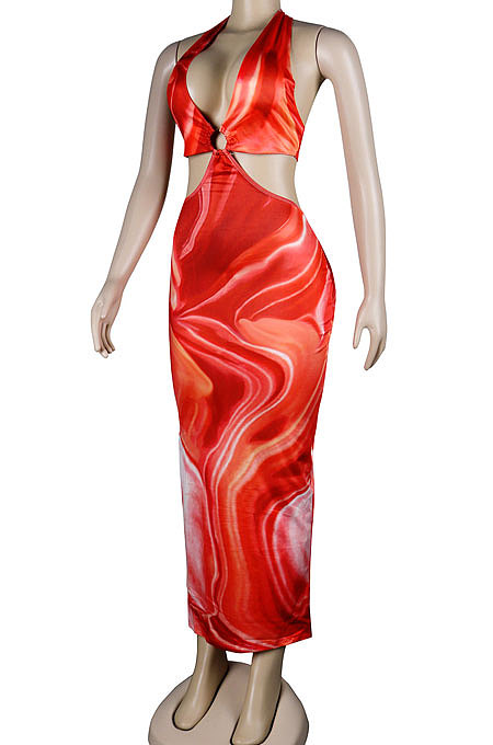 Brown Club Multicolor Halter Neck Backless V Collar Split Long Dress KA7180-2