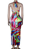 Orange Club Multicolor Halter Neck Backless V Collar Split Long Dress KA7180-3